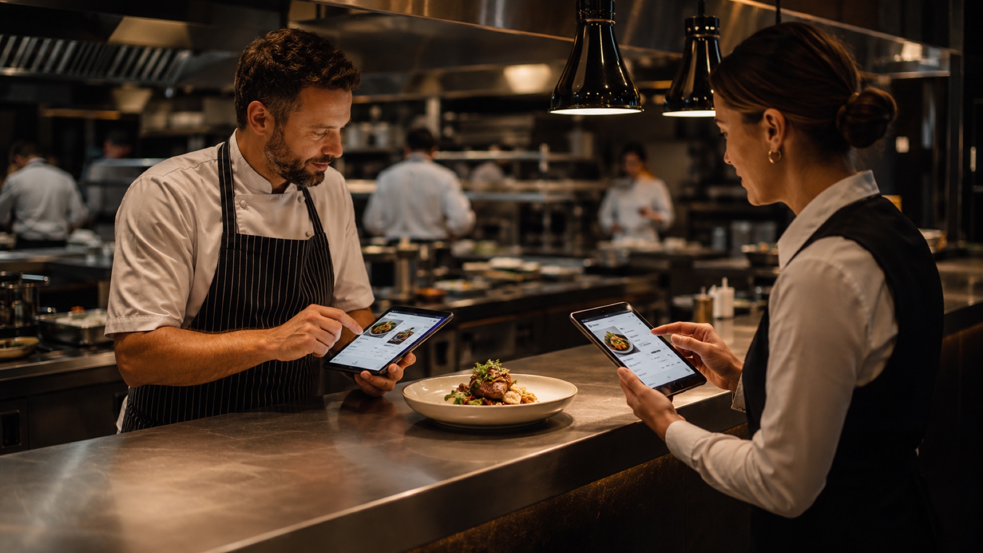 A chef and front-of-house team member each working on The Pass over a plated dish at the kitchen pass